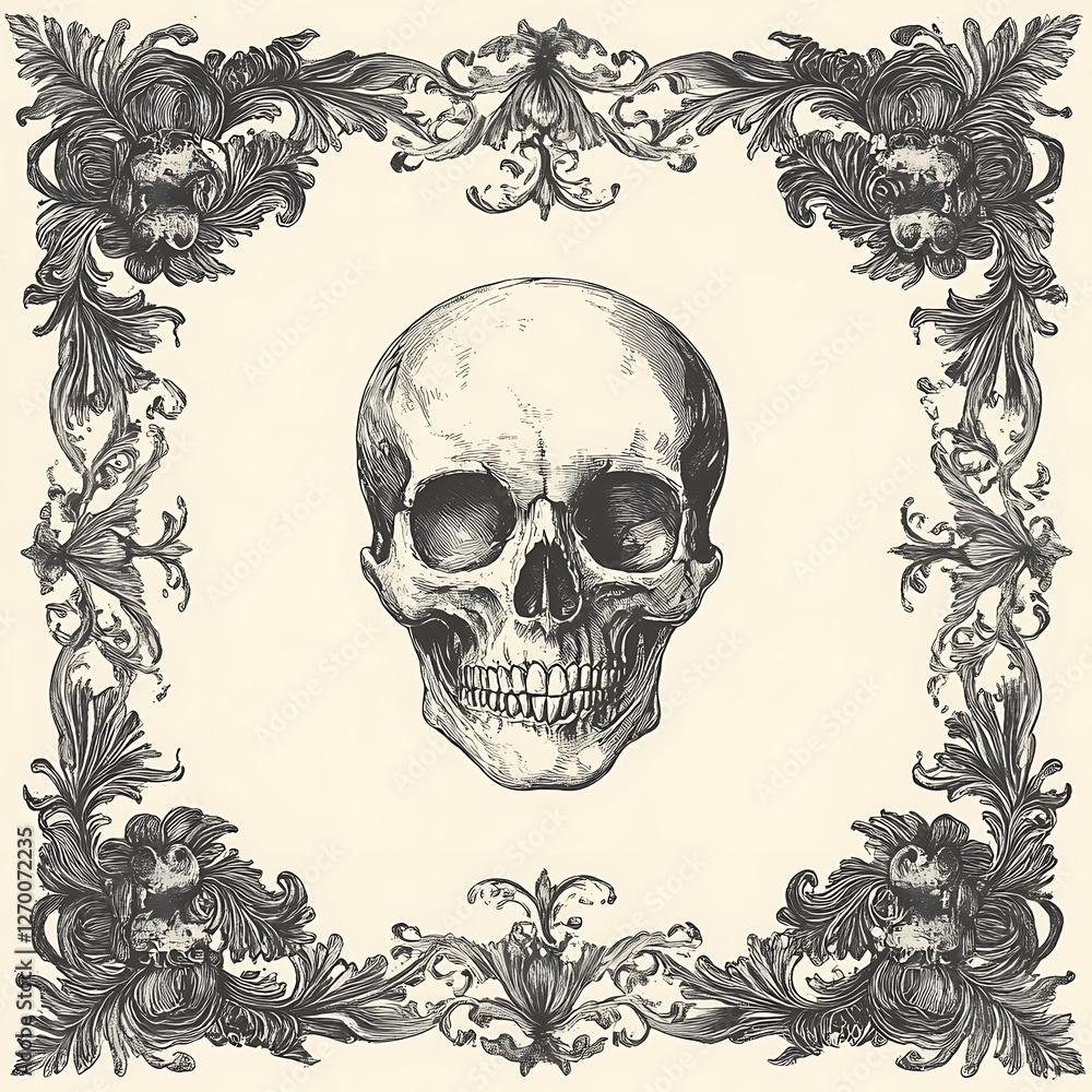 Fototapeta premium Ornate Skull Illustration; Decorative Frame
