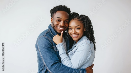 Smiling young African American couples, dressed in denim casual clothes, pose...