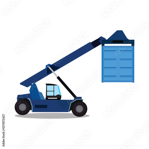 Vector illustration of container handler in cartoon flat style. Cargo container forklift truck in action. Set of profile side view commercial forklift for logistic company in port or warehouse