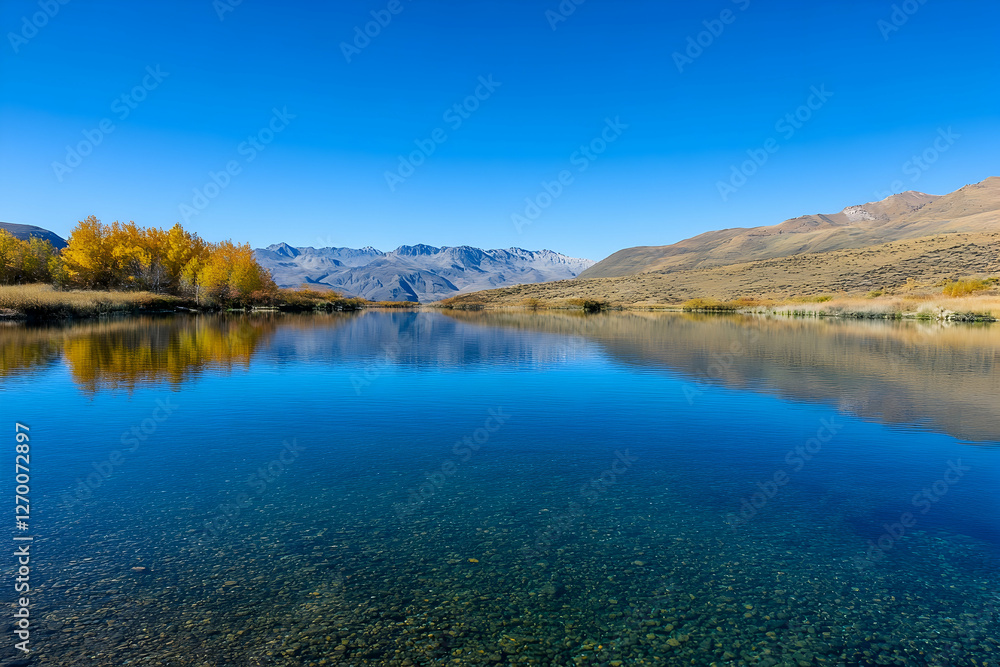 Crystal-clear lake reflecting bright autumn foliage under a cloudless blue sky Crystal-clear lake reflecting bright autumn foliage under a cloudless blue sky
