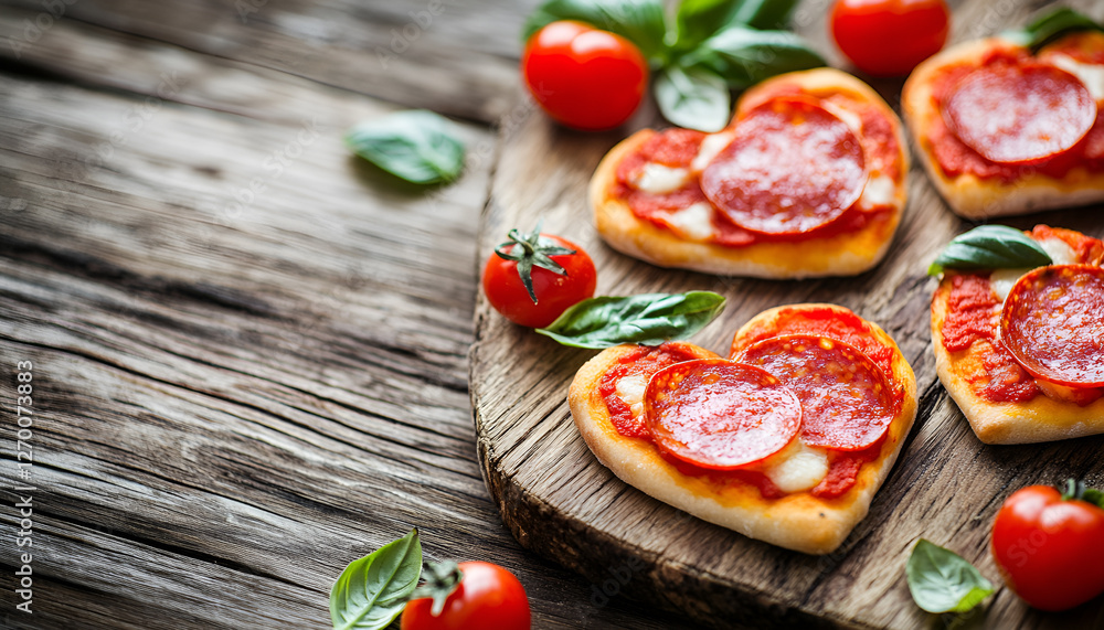 Heart shaped mini pizzas over wooden background with copy space. Mini pizzas with tomatoes, pepperoni, mozzarella cheese and basil for Valentine's day, love concept Heart shaped mini pizzas over wooden background with copy space. Mini pizzas with tomatoes, pepperoni, mozzarella cheese and basil for Valentine's day, love concept