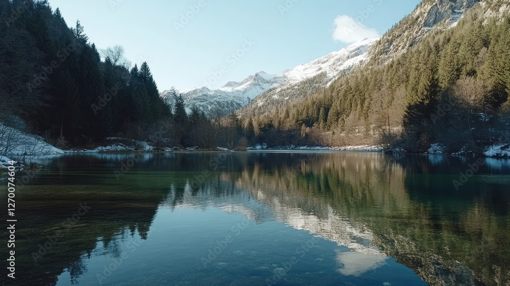 Serene Mountain Lake Reflection in Winter Wonderland Serene Mountain Lake Reflection in Winter Wonderland