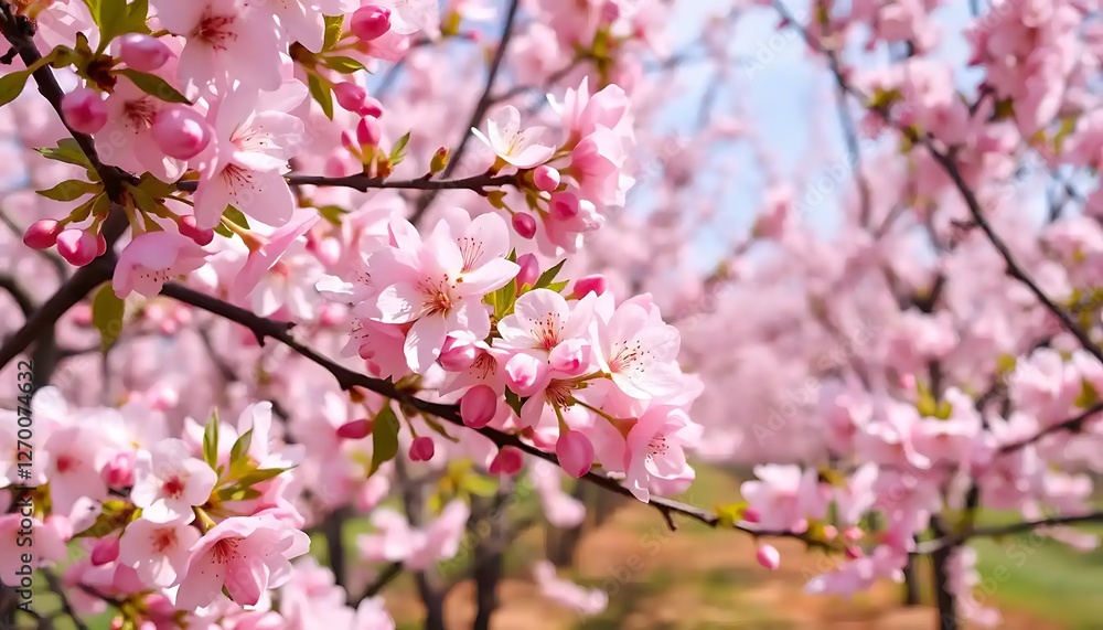 Delicate pink cherry blossoms are blooming on tree branches Delicate pink cherry blossoms are blooming on tree branches