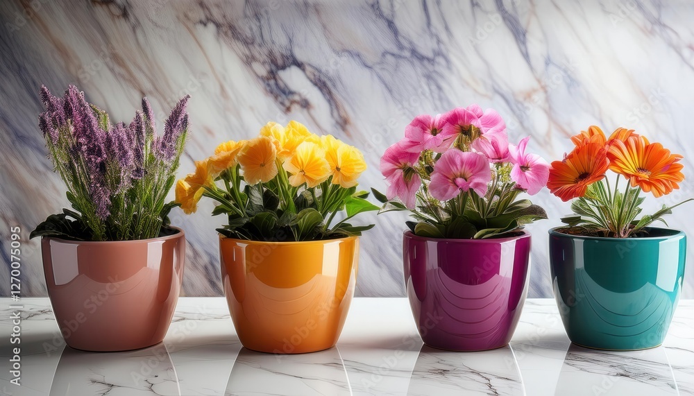 Vibrant Flower Pots Neatly Displayed on a Marble Surface Vibrant Flower Pots Neatly Displayed on a Marble Surface