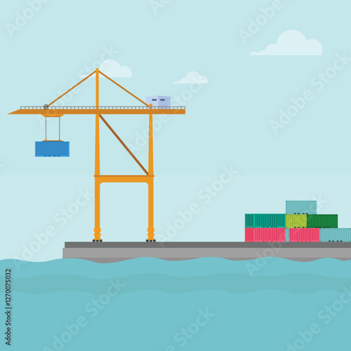 Vector illustration of crane container handler in a port in cartoon flat style. Logistics transportationt container with industrial crane import and export in shipping cargo harbor yard.