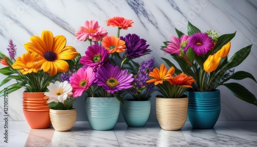 Wallpaper Mural Vibrant Flower Pots Neatly Displayed on a Marble Surface Torontodigital.ca