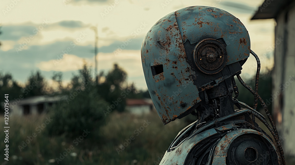 Fototapeta premium Rusty humanoid robot with a worn-out metal body standing in an overgrown field, evoking a post-apocalyptic or dystopian atmosphere