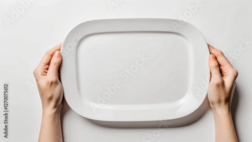 Minimalist Hands Holding a White Plate on a Bright Background