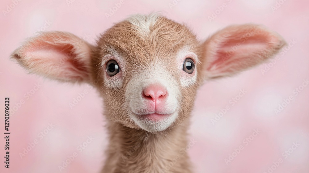 Fototapeta premium Baby lamb portrait against pink background