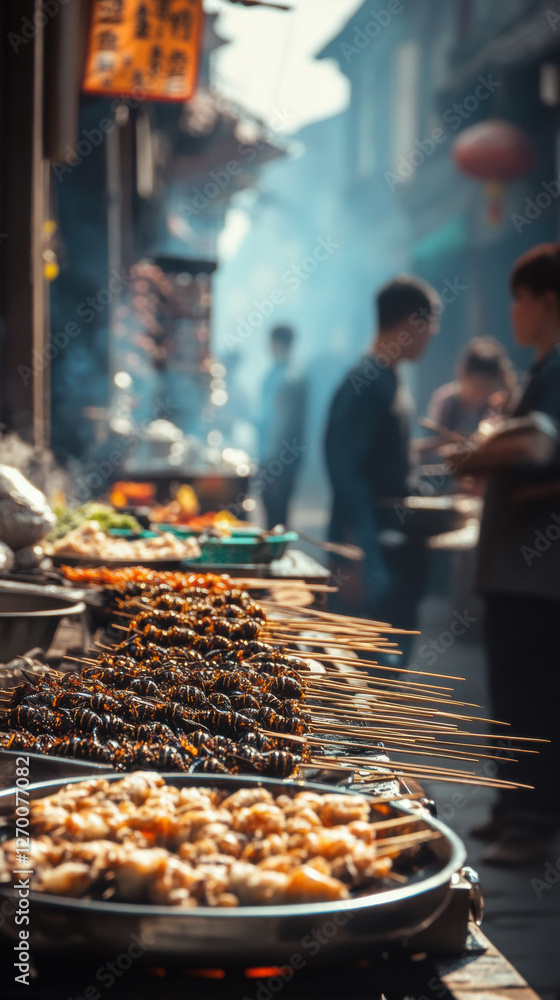 Fototapeta premium Grilled and oven-baked pizza showcased at a bustling food market, featuring a chef preparing delicious dishes in a vibrant café atmosphere