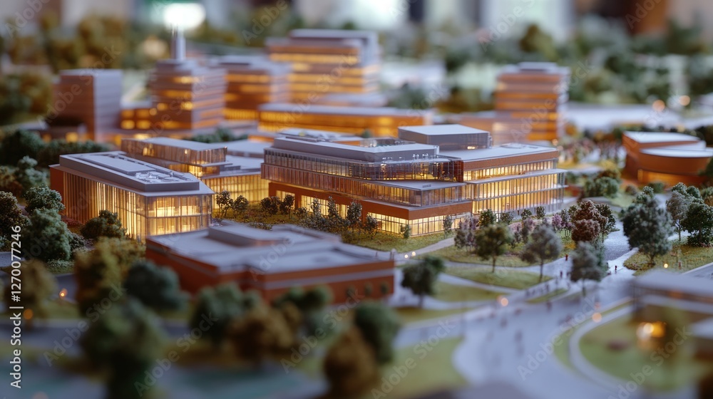 Photo-realistic image of a healthcare campus maquette, with hospitals, clinics, and research centers, showing the design in fine detail and high resolution. Photo-realistic image of a healthcare campus maquette, with hospitals, clinics, and research centers, showing the design in fine detail and high resolution.