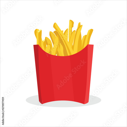 Vector illustration of french fries in cartoon flat style. French Fries potato fast food in Red Carton Package Box Isolated on White background. Delicious fast food on the white background