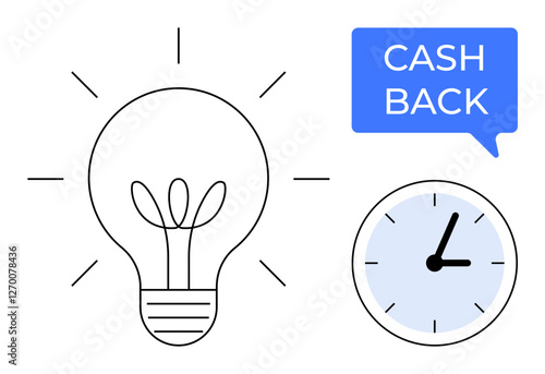Light bulb with shining rays, clock showing time, cashback text in speech bubble. Ideal for financial incentives, innovative solutions, time management, rewards programs, marketing strategies
