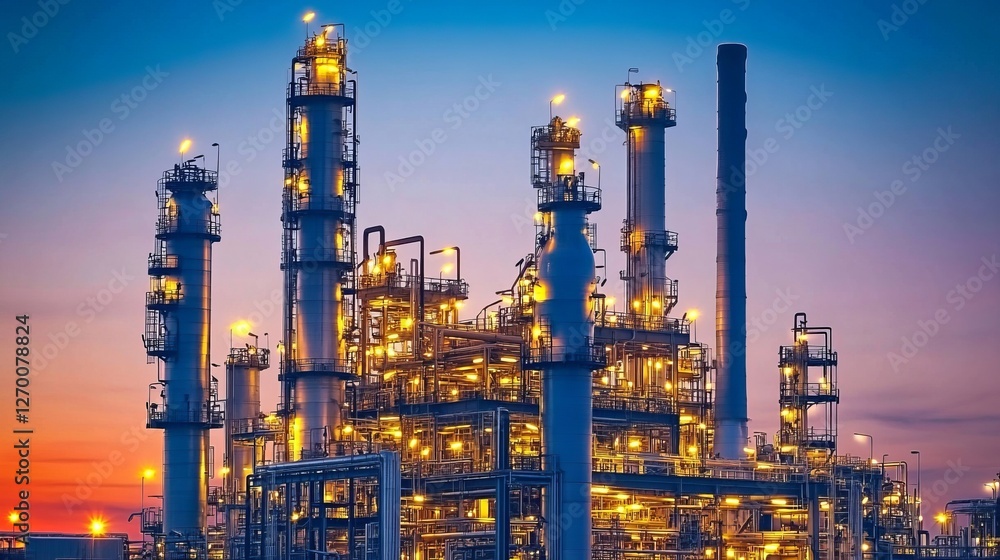 Refinery Plant At Twilight. Industrial Complex With Pipes, Tanks, And Lights Against A Colorful Sky. Refinery Plant At Twilight. Industrial Complex With Pipes, Tanks, And Lights Against A Colorful Sky.