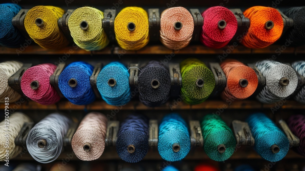 Fototapeta premium Colorful Thread Spools On A Shelf. Craft, Sewing, Design Concept.