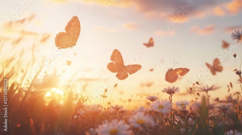 Wallpaper Mural Sunset meadow butterflies flight peace Torontodigital.ca