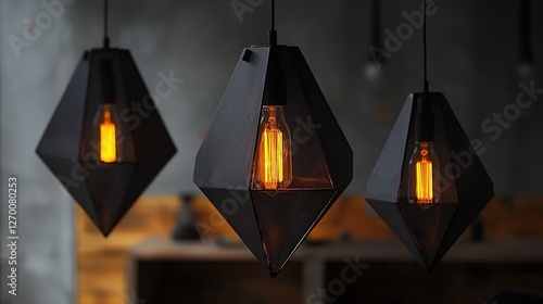 Three modern pendant lights with geometric shades and Edison bulbs.