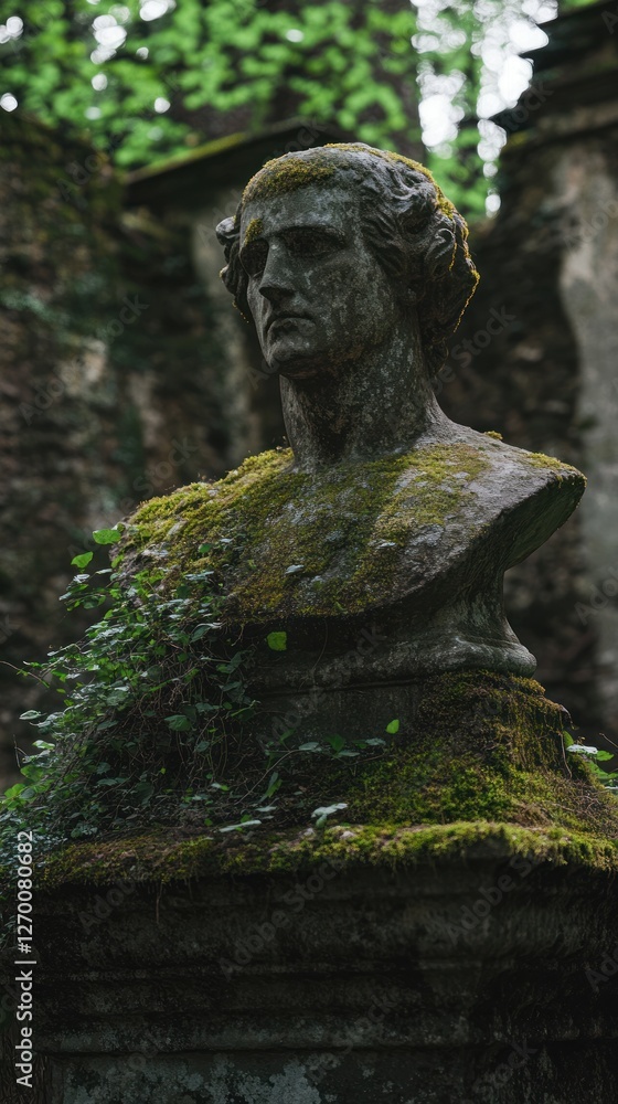 Moss-covered sculpted bust stands amidst verdant growth in aged cemetery Moss-covered sculpted bust stands amidst verdant growth in aged cemetery