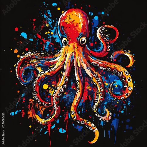 Colorful octopus graphic art print design, vibrant colors, splatter effect, apparel photo