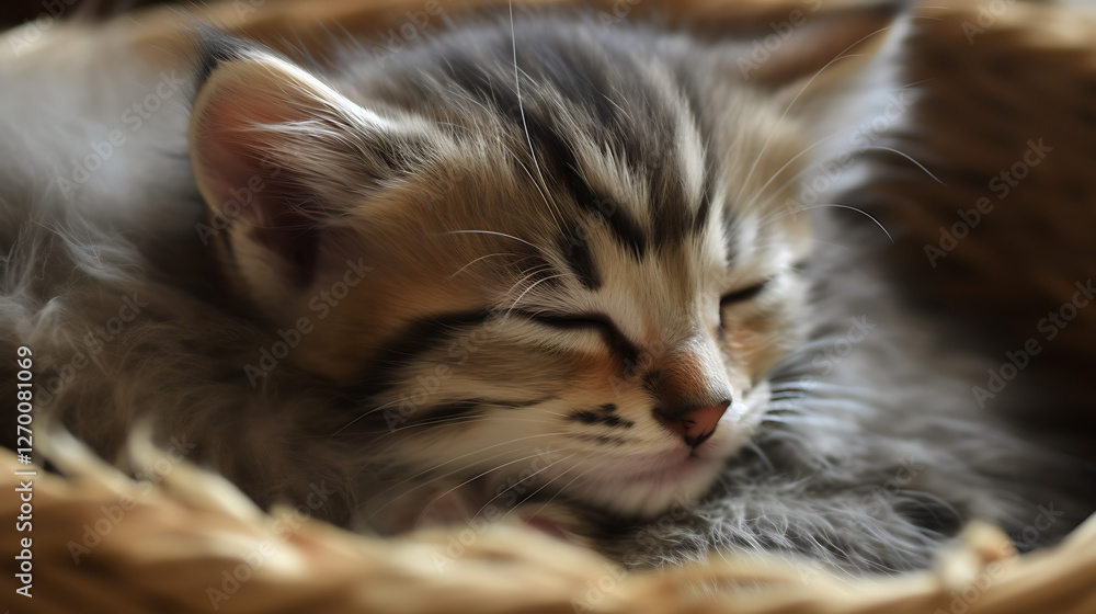 A kitten is sleeping in a basket A kitten is sleeping in a basket