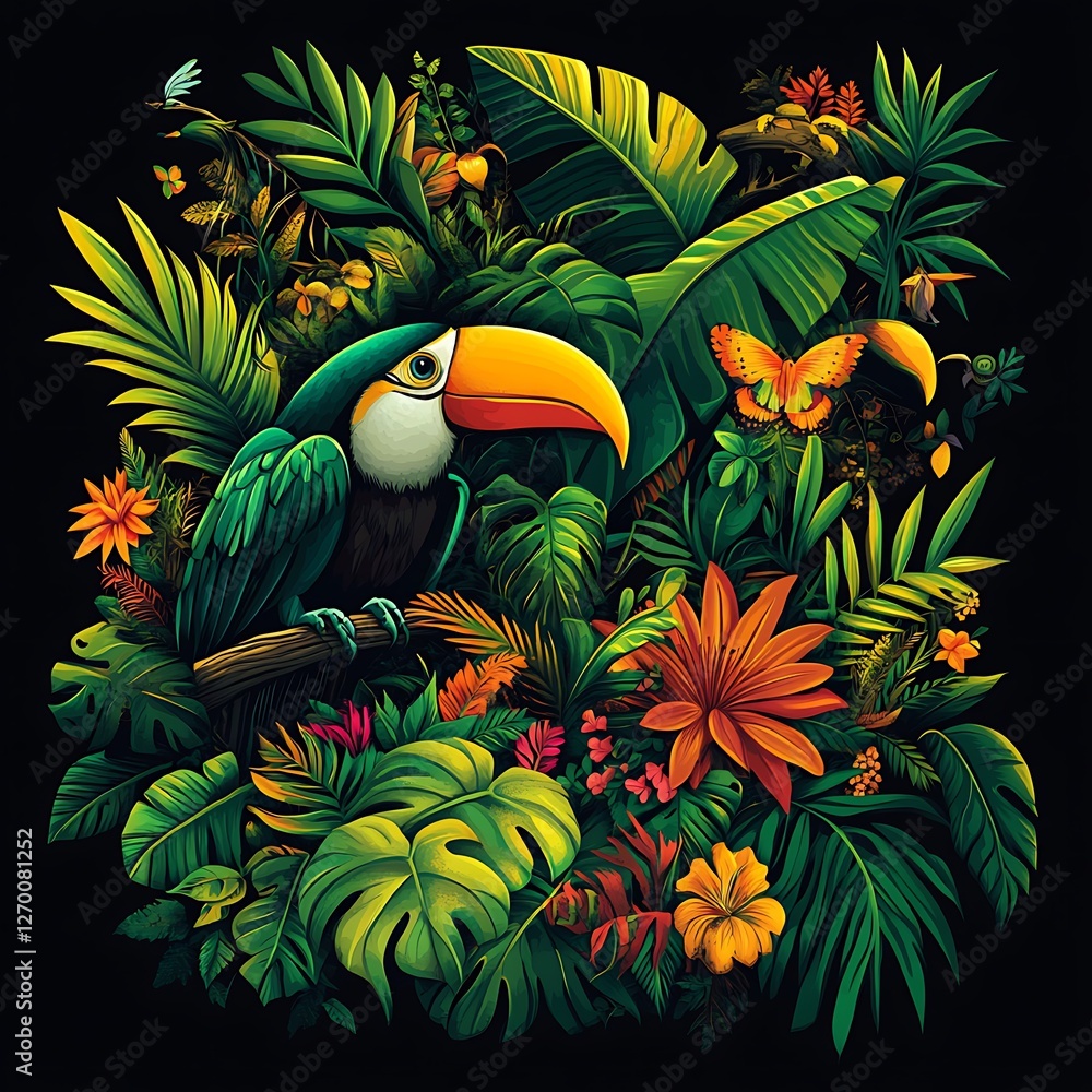 Toucan in Lush Tropical Garden Illustration Toucan in Lush Tropical Garden Illustration