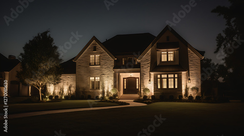 A large brick house with a large front porch is lit up at night