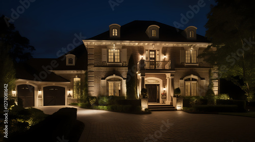 A large brick house with a black door and a garage
