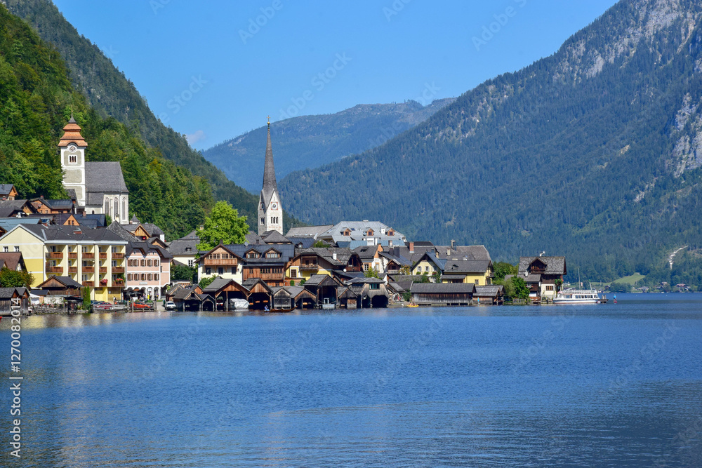 A view of a lake Hallstatter See and a village Hallstatt in Austria. A view of a lake Hallstatter See and a village Hallstatt in Austria.