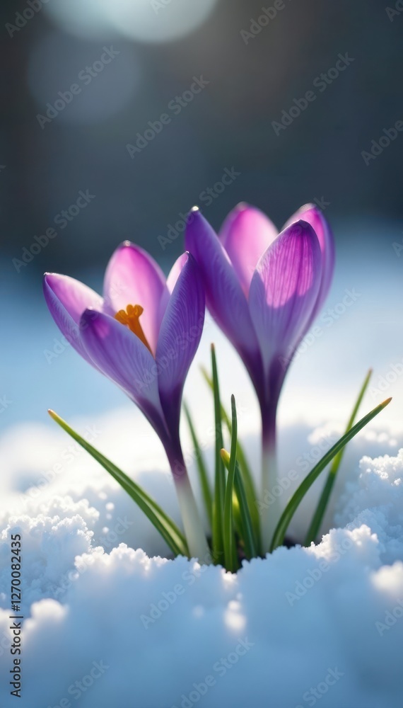 Delicate crocus and snowdrop blossoms emerge from melting snow , crocus, bloom Delicate crocus and snowdrop blossoms emerge from melting snow , crocus, bloom