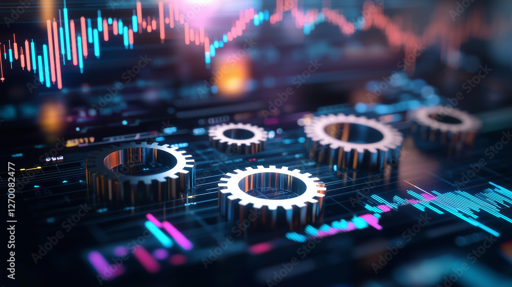Fototapeta premium Dynamic digital illustration of interconnected gears and business charts