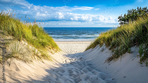 A beach with a grassy path leading to the water