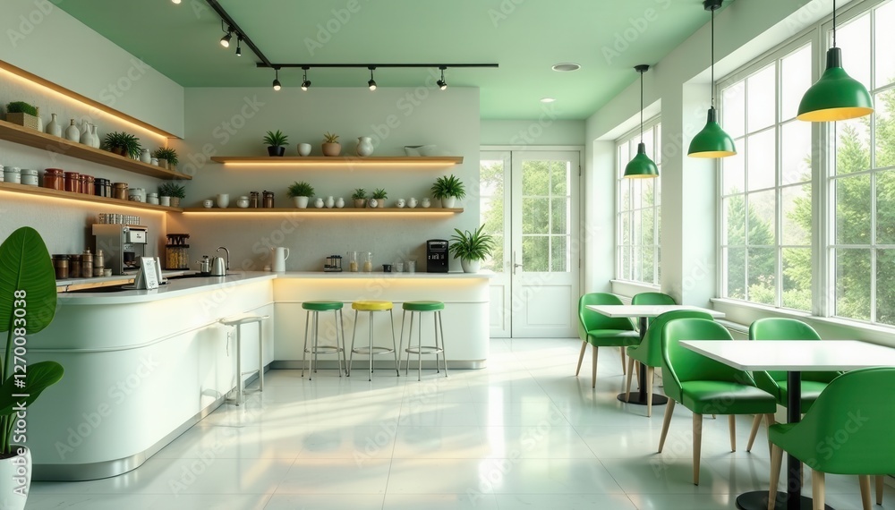 Modern white cafe, green accents, bar counter, backdrop, leaves Modern white cafe, green accents, bar counter, backdrop, leaves