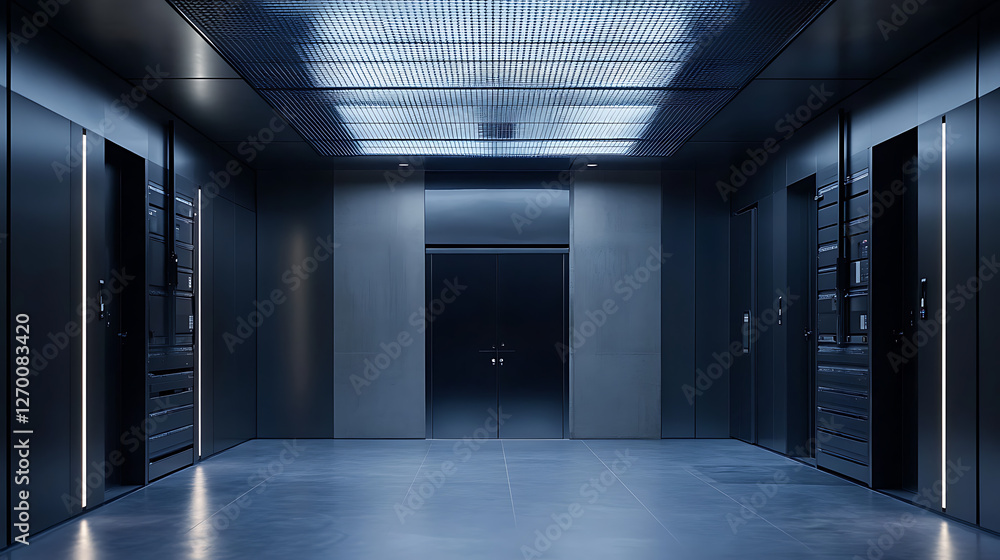 A large, empty room with a black door and a lighted sign A large, empty room with a black door and a lighted sign