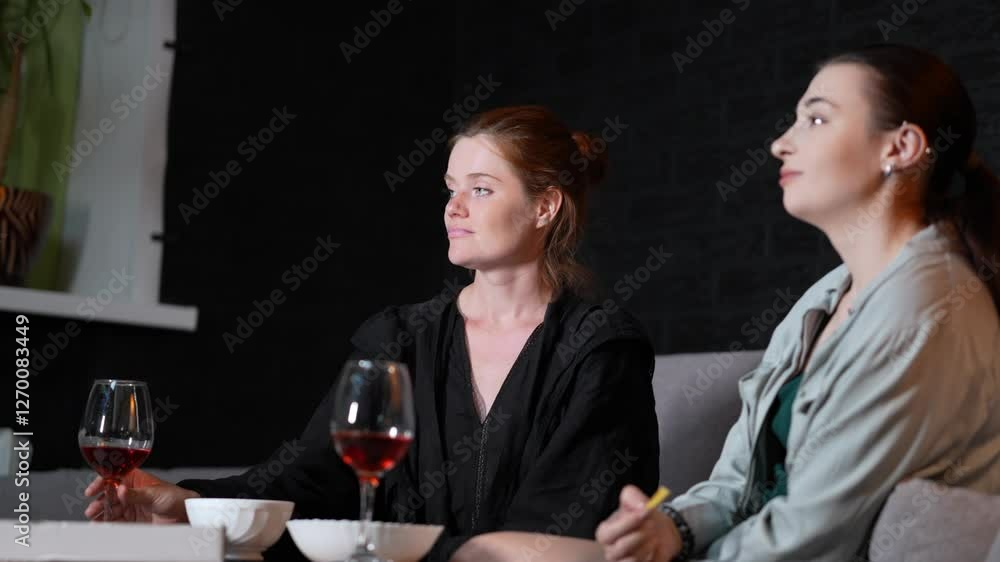 Two pretty Caucasian women are watching film at home together and drinking red wine filmed in slow motion. Female friends are spending evening together in front of television. Leisure time activity Two pretty Caucasian women are watching film at home together and drinking red wine filmed in slow motion. Female friends are spending evening together in front of television. Leisure time activity