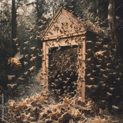 The image shows an old wooden house surrounded by trees and nature, with a stone wall, windows, and a bird feeder It's an architectural building with a religious touch, set in a garden under the sky photo