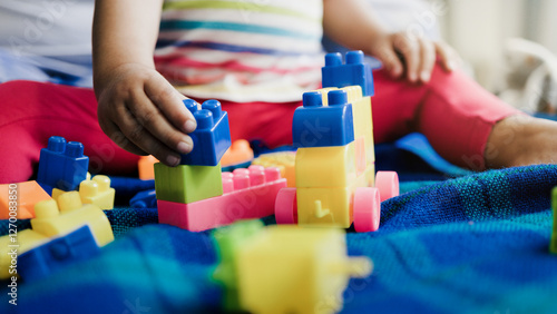 Kindergarten, Child playing with brick toys at daycare nursery. Education development games for school toddlers kids