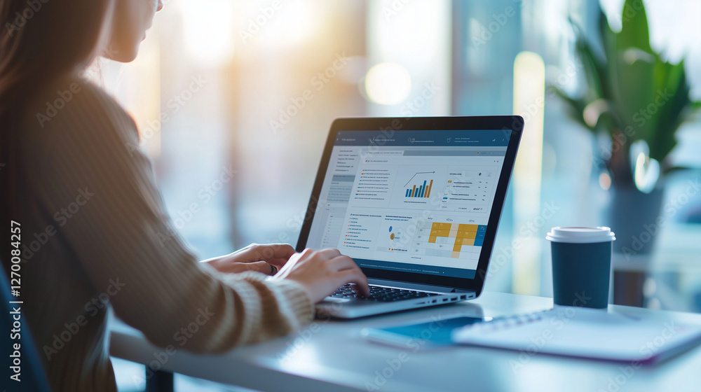 Professional Businesswoman at Modern Desk with Document Management Software Professional Businesswoman at Modern Desk with Document Management Software