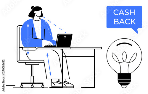 Woman sitting at a desk working on a laptop, with arrows indicating ergonomic posture. Blue CASH BACK speech bubble and lightbulb illustrate smart financial decisions. Ideal for work-life balance
