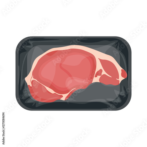 Vector illustration of meat packaging in cartoon flat style. Pack meat products. Frozen ground meat, pork and steaks, raw butcher shop food flat vector illustration set. Meat packed in plastic tray