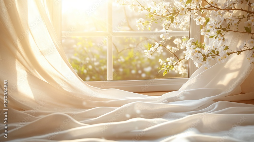 Sunlit cherry blossoms and flowing curtains by a window celebrate spring equinox day Sunlit cherry blossoms and flowing curtains by a window celebrate spring equinox day