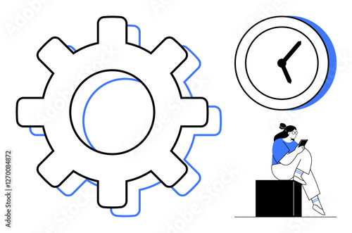 Large gear symbolizing process, clock representing time management, and woman reading on a block. Ideal for productivity, efficiency, work-life balance, time management, schedules, personal growth