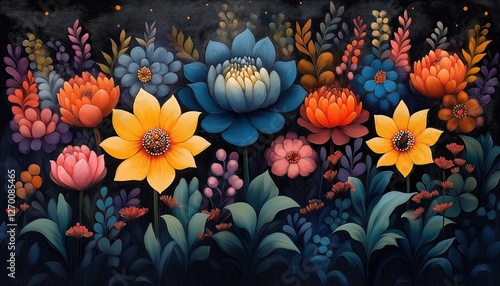 Vibrant Maximalist Floral Illustration on Dark Backdrop - Stock Photo