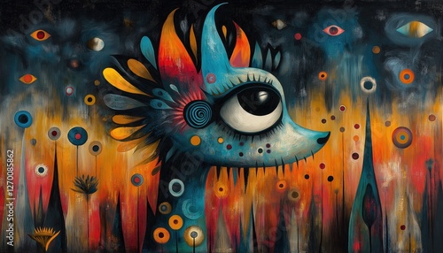 Whimsical Maximalist Animal Portrait with Large Eye in Vibrant Abstract Style photo