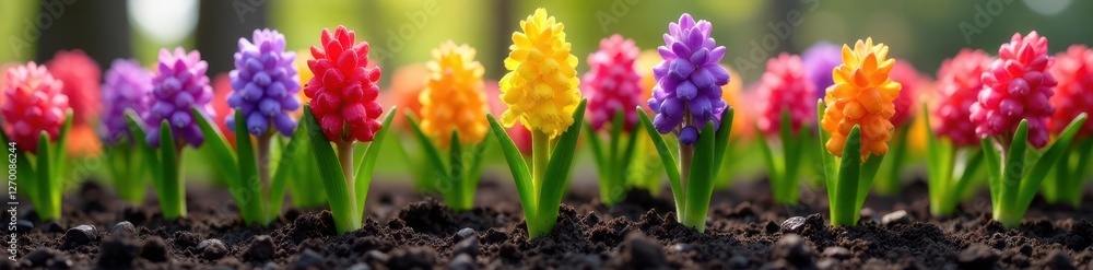 Close-up of colorful hyacinths planted in fertile soil , horticulture, planting Close-up of colorful hyacinths planted in fertile soil , horticulture, planting