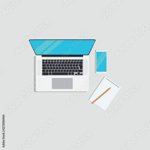 Vector illustration of laptop tp view in cartoon flat style. Flat design top view desktop workspace with laptop, computer, office supplies, and gadgets.