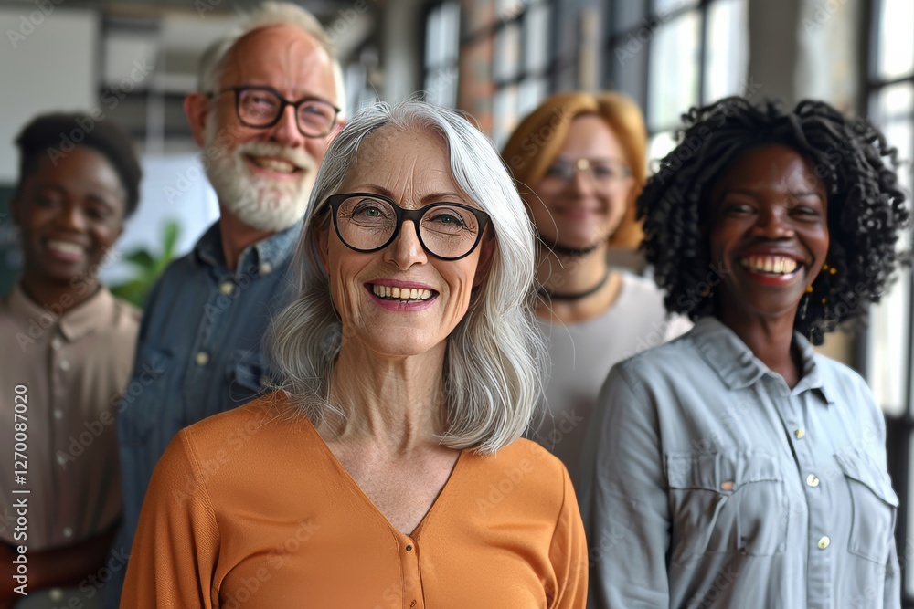 Portrait of smiling senior businesswoman looking at camera with diverse colleagues in background Portrait of smiling senior businesswoman looking at camera with diverse colleagues in background