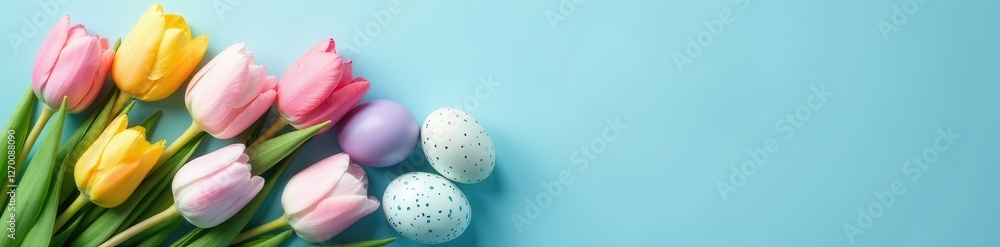 Fototapeta premium Delicate tulips & speckled eggs on serene blue backdrop , blossom, decoration