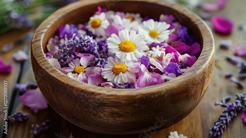 Wooden Bowl Filled with Calming Lavender, Chamomile Flowers and Petals