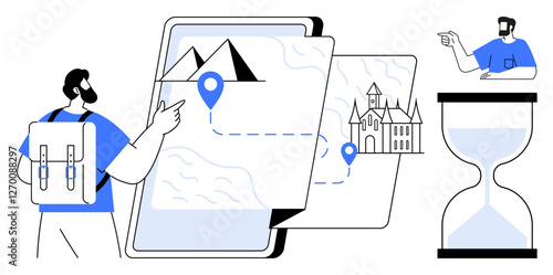 Man with backpack pointing at a large map featuring mountains and a castle route, another person pointing, and an hourglass. Ideal for travel, adventure, navigation, planning, time management