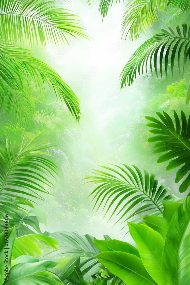 Obraz premium A lush green tropical jungle with vibrant palm leaves and a bright sunny sky, creating a vibrant, exotic atmosphere that invites exploration into the wild.